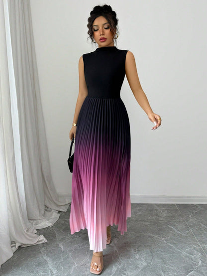 👗💜 Ombre Pleated Sleeveless Mock Neck Maxi Dress