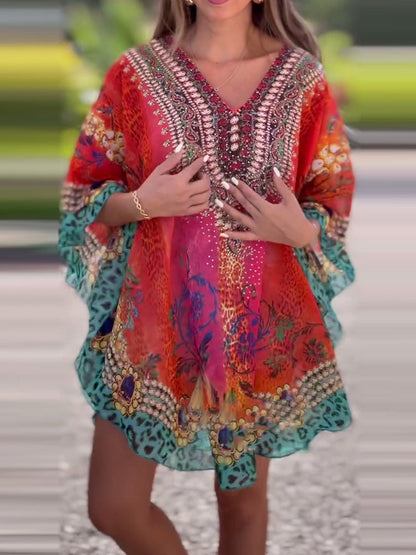 Needtoknit🔥Hot sale🔥- loose printed v-neck ethnic style blouses