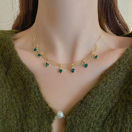 Green crystal metal braided mesh pendant necklace