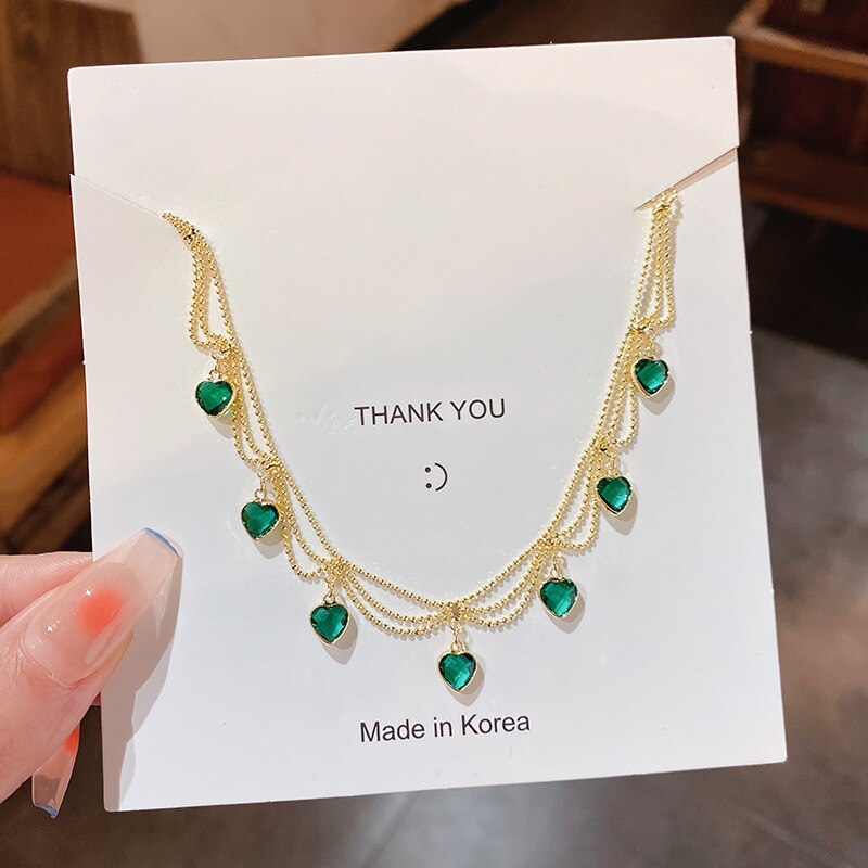 Green crystal metal braided mesh pendant necklace