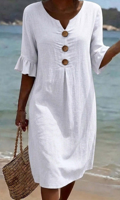 👗Women's Solid-Color Cotton Dress with Buttons and Ruffled Sleeves