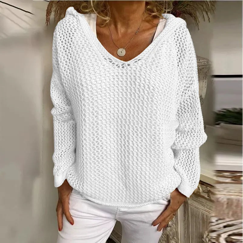 Loose-fit open-knit hooded sun-protection cardigan