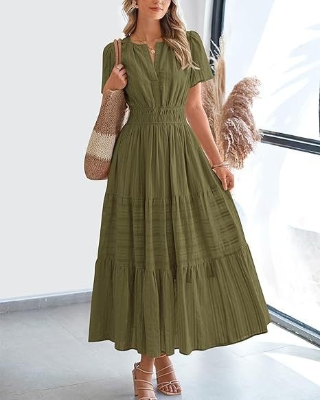 👗Women's Casual Spring Short Sleeve V Neck Maxi Dress