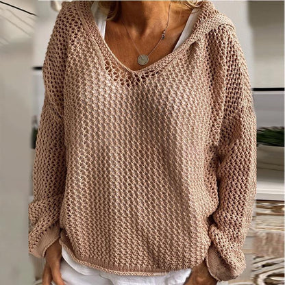 Loose-fit open-knit hooded sun-protection cardigan