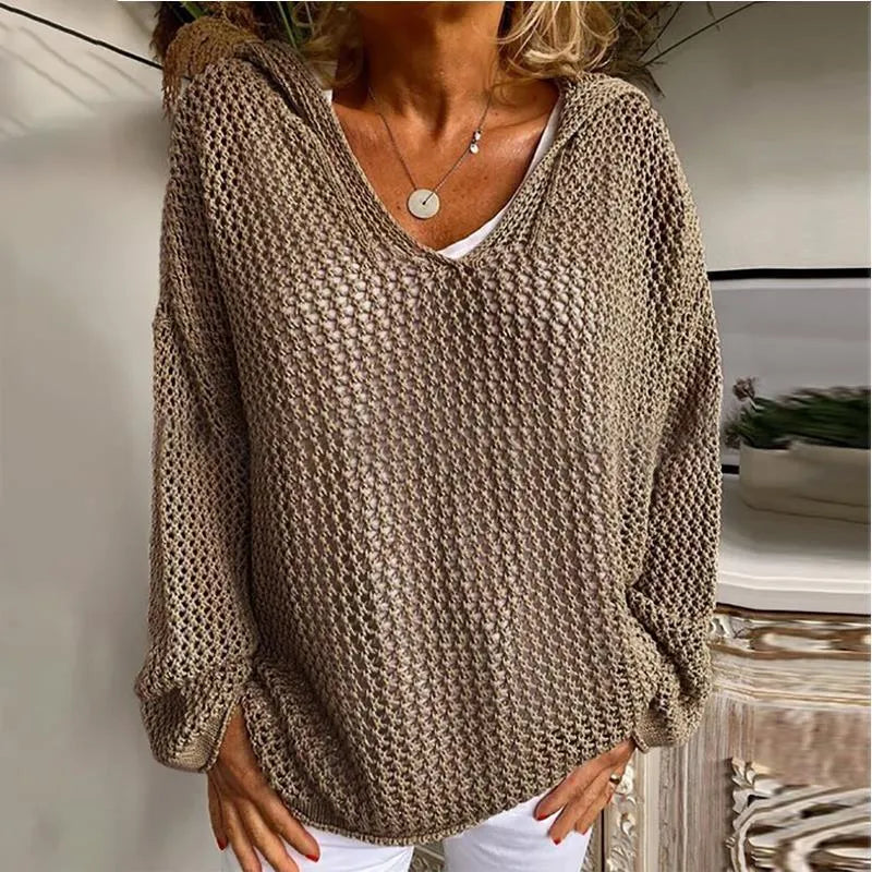 Loose-fit open-knit hooded sun-protection cardigan
