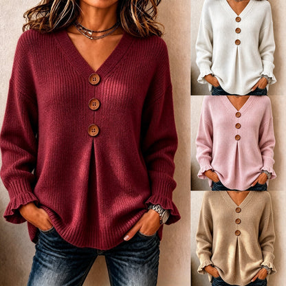 Women's Big Button Pleated V-Neck Knit Sweater