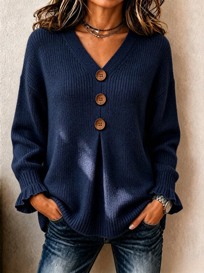 Women's Big Button Pleated V-Neck Knit Sweater