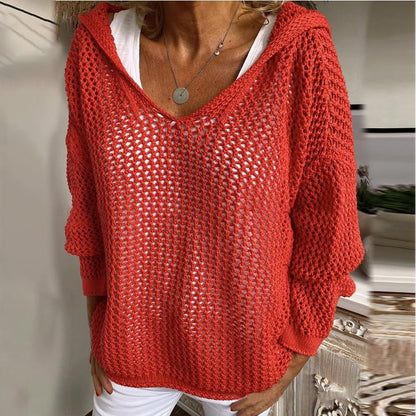Loose-fit open-knit hooded sun-protection cardigan