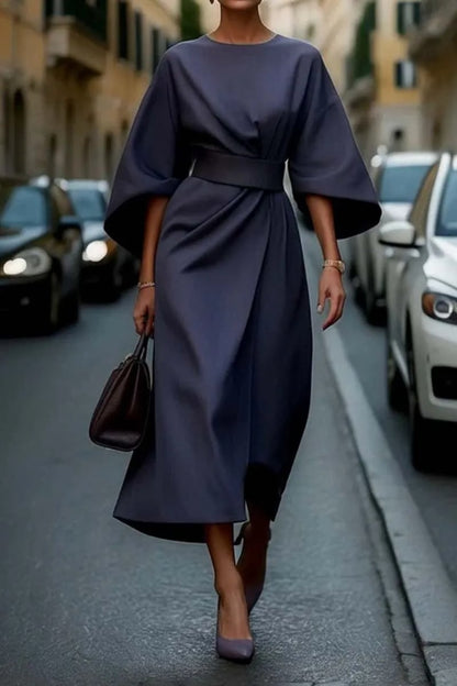 Elegant solid color waist bat sleeve dress
