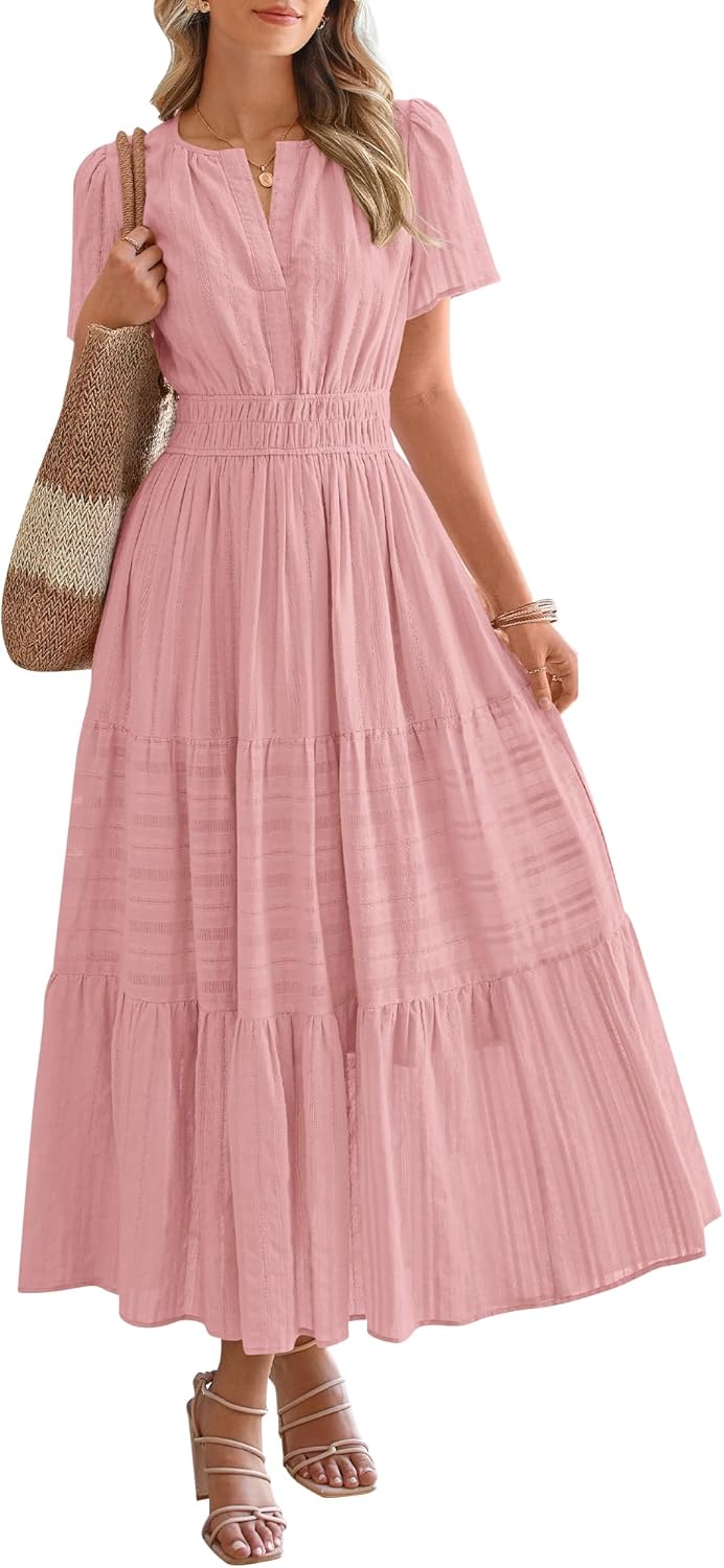 Womens Summer Lightweight Short Sleeve V Casual Midi Maxi Dresses(BUY 2 FREE SHIPPING)
