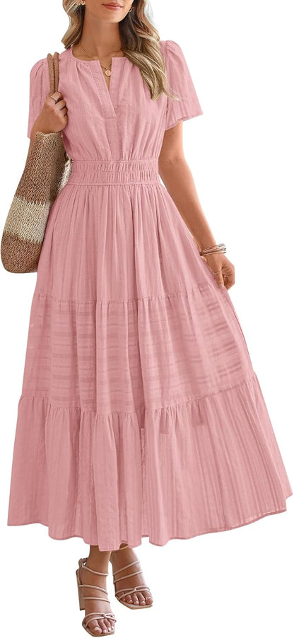 Womens Summer Lightweight Short Sleeve V Casual Midi Maxi Dresses(BUY 2 FREE SHIPPING)
