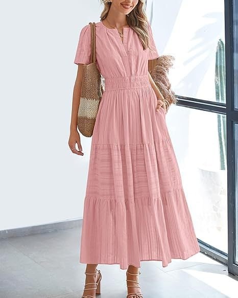 👗Women's Casual Spring Short Sleeve V Neck Maxi Dress
