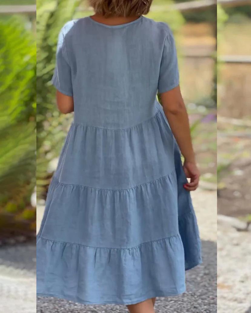 Cotton Linen V-Neck Solid Color Dress