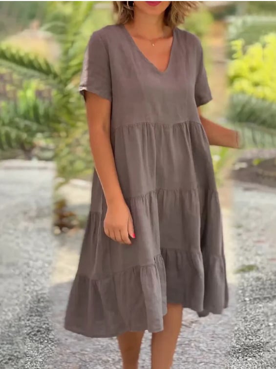 Cotton Linen V-Neck Solid Color Dress