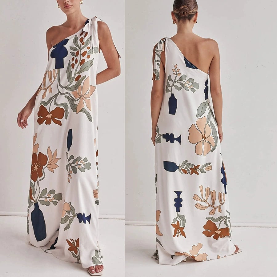 Printed One-Shoulder Maxi Dress
