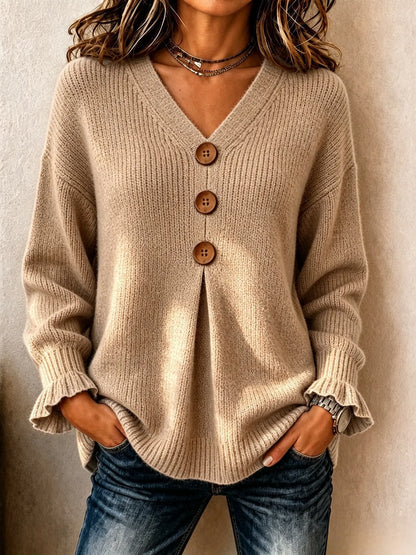 Women's Big Button Pleated V-Neck Knit Sweater