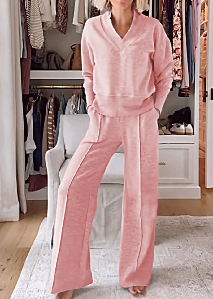 Women's Solid Color V-neck Top & Pants Two-piece Set (🔥Same as in the video)
