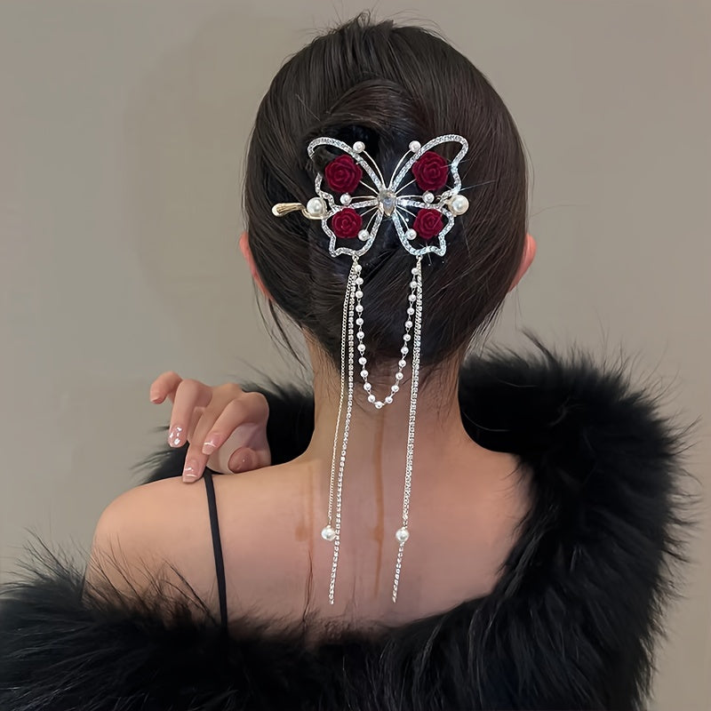 🌹Vintage butterfly rose tassel hairpin🦋