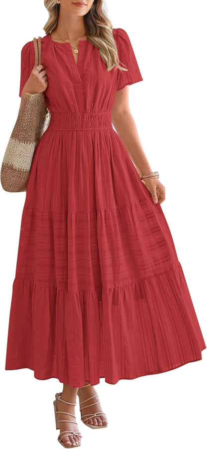 Womens Summer Lightweight Short Sleeve V Casual Midi Maxi Dresses(BUY 2 FREE SHIPPING)