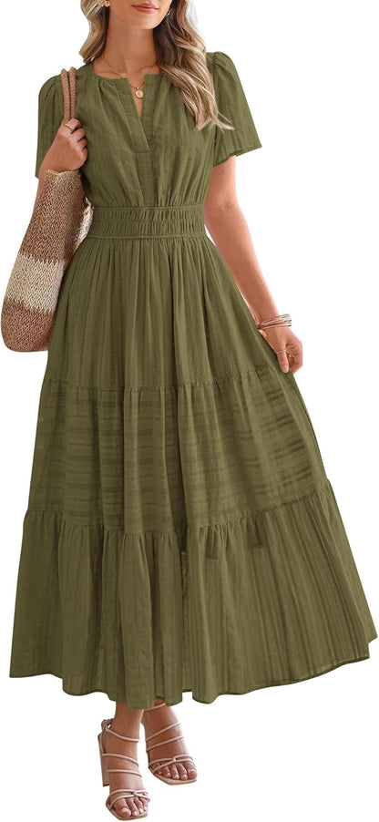 Womens Summer Lightweight Short Sleeve V Casual Midi Maxi Dresses(BUY 2 FREE SHIPPING)