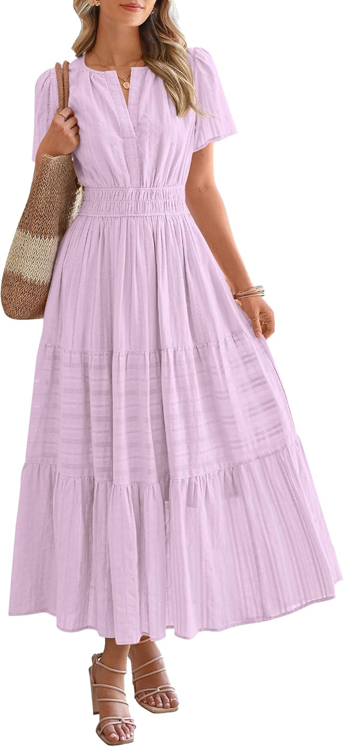 Womens Summer Lightweight Short Sleeve V Casual Midi Maxi Dresses(BUY 2 FREE SHIPPING)