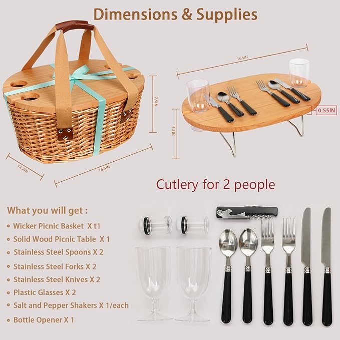 Hap tim insulated wicker picnic basket with foldable wine table and tableware service set, seats 4, perfect for couple gifts, wedding gifts, Valentine's Day gifts