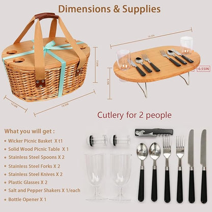 Hap tim insulated wicker picnic basket with foldable wine table and tableware service set, seats 4, perfect for couple gifts, wedding gifts, Valentine's Day gifts