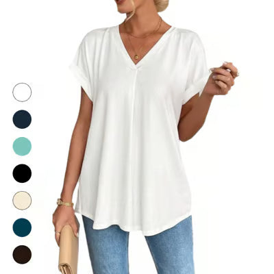 👗⏳Women's Short-Sleeve V-Neck Top with Back Pleats