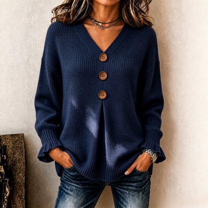 Women's Big Button Pleated V-Neck Knit Sweater