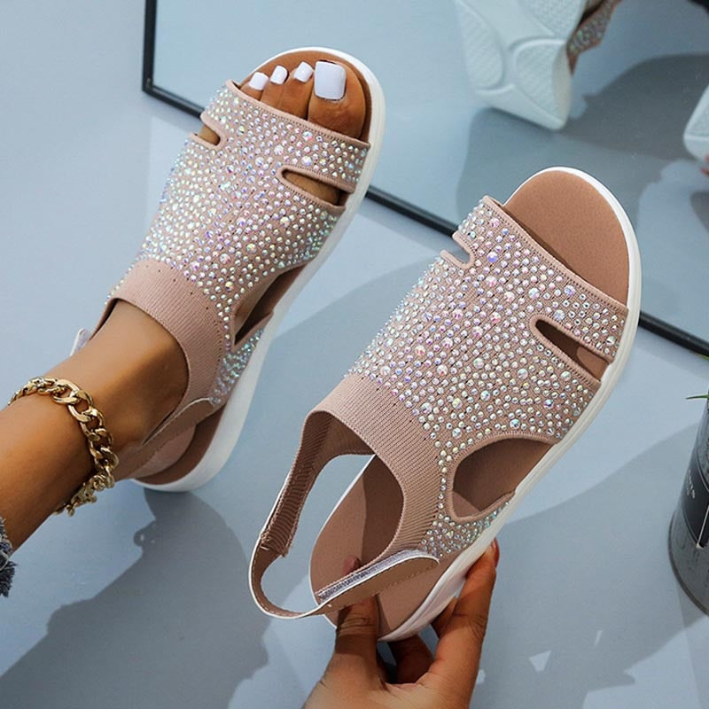 Women Rhinestone Slip-on Stretchable Platform Sandals