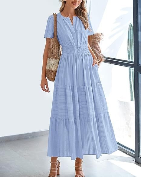 👗Women's Casual Spring Short Sleeve V Neck Maxi Dress