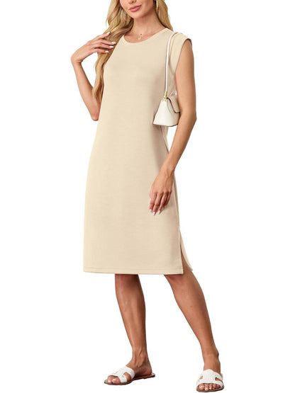💥Women Round Neck Loose Split Wrinkle-Free Midi Dress with Pockets