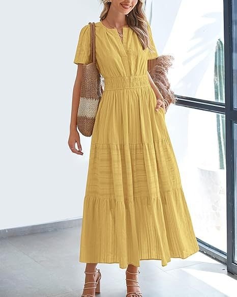 👗Women's Casual Spring Short Sleeve V Neck Maxi Dress