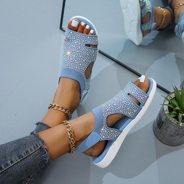 Women Rhinestone Slip-on Stretchable Platform Sandals