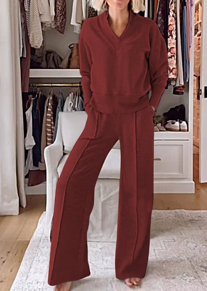 Women's Solid Color V-neck Top & Pants Two-piece Set (🔥Same as in the video)