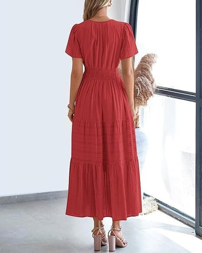 👗Women's Casual Spring Short Sleeve V Neck Maxi Dress