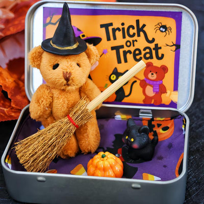 🎃🧸Cute Halloween Teddy Bear in a Box with wizard hat, Blanket, Broom, Pumpkin & Cat🌟👻