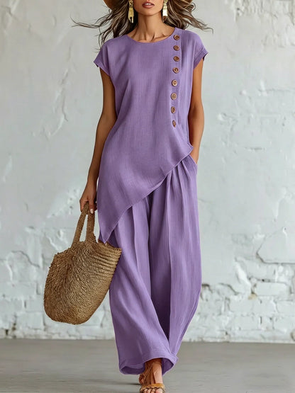 Asymmetrical Short-Sleeved Top And Wide-Leg Trousers Set