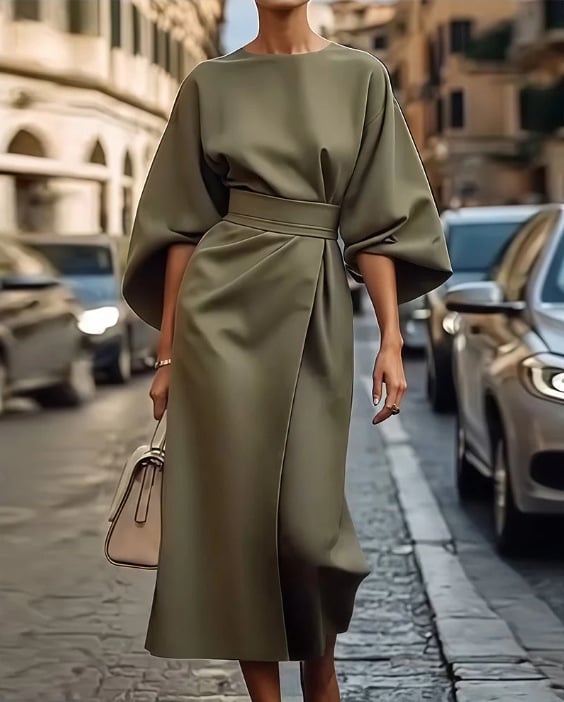 Elegant solid color waist bat sleeve dress