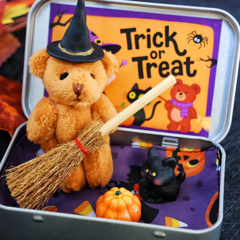 🎃🧸Cute Halloween Teddy Bear in a Box with wizard hat, Blanket, Broom, Pumpkin & Cat🌟👻