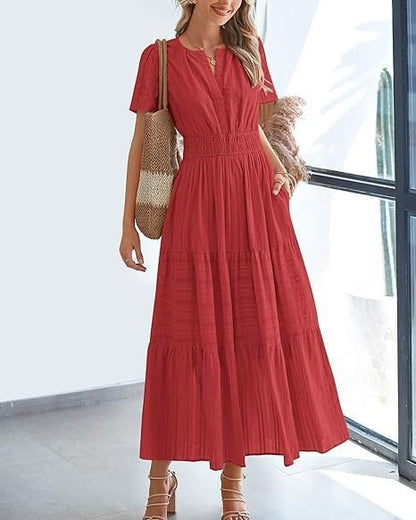 👗Women's Casual Spring Short Sleeve V Neck Maxi Dress