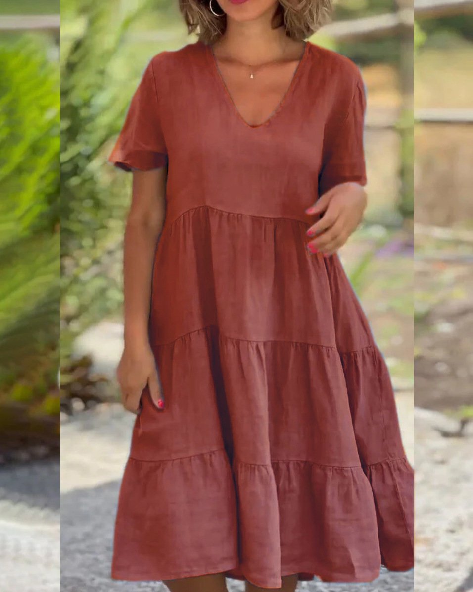 Cotton Linen V-Neck Solid Color Dress