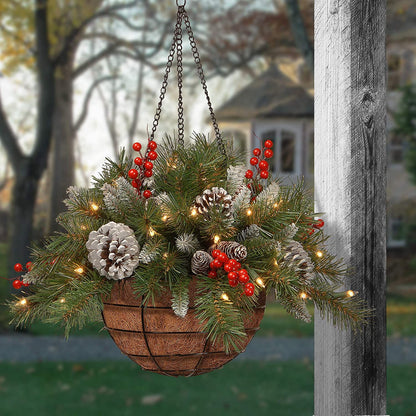 Dazzling Pre-lit Artificial Christmas Hanging Basket - Flocked with Mixed Decorations and White LED Lights - Frosted Berry