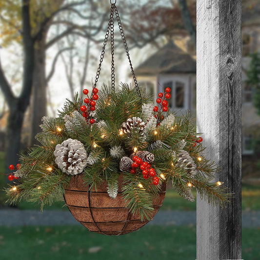 Dazzling Pre-lit Artificial Christmas Hanging Basket - Flocked with Mixed Decorations and White LED Lights - Frosted Berry
