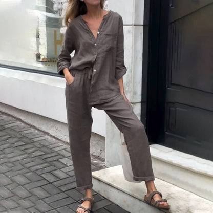 Casual Solid Color V-Neck Shirt & Pants Cotton Linen Two-Piece Set - Buy two and get free shipping!