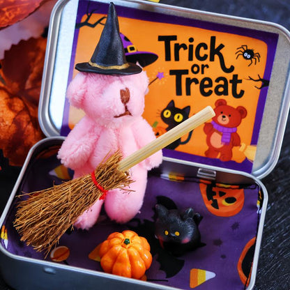 🎃🧸Cute Halloween Teddy Bear in a Box with wizard hat, Blanket, Broom, Pumpkin & Cat🌟👻