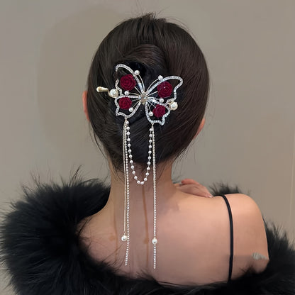 🌹Vintage butterfly rose tassel hairpin🦋