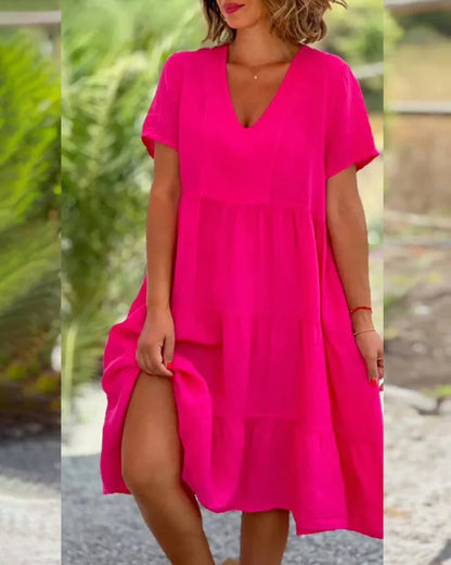 Cotton Linen V-Neck Solid Color Dress