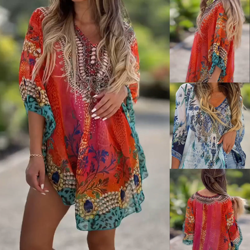 Needtoknit🔥Hot sale🔥- loose printed v-neck ethnic style blouses