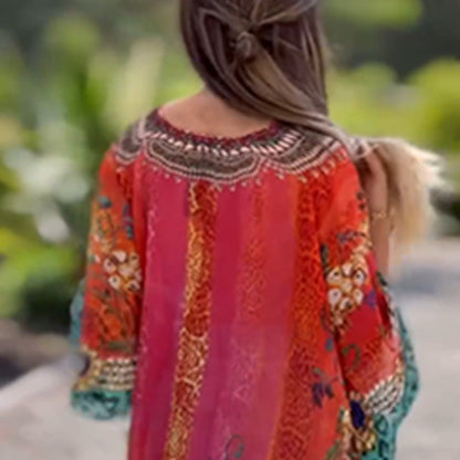 Needtoknit🔥Hot sale🔥- loose printed v-neck ethnic style blouses